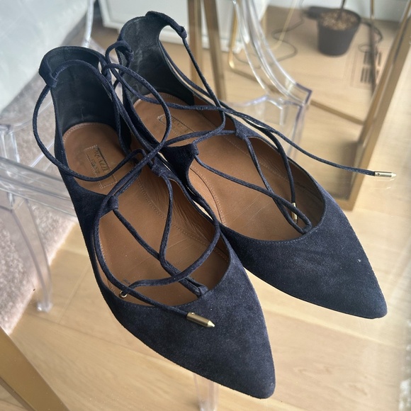 Aquazzura - Christy Lace-Up Suede Flats - 38.5 - Picture 1 of 5